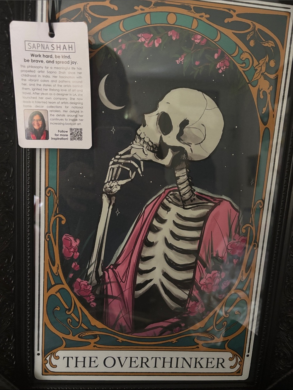 Sapna Shah “The Overthinker” Wall Art Print - Pink & Black Skeleton Illustration